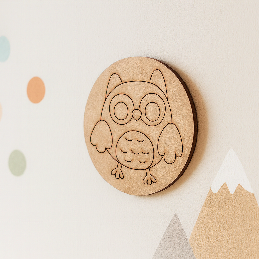 Unpainted pre-marked MDF owl base for children’s art and painting activity.