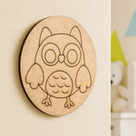Unpainted pre-marked MDF owl base for children’s art and painting activity.