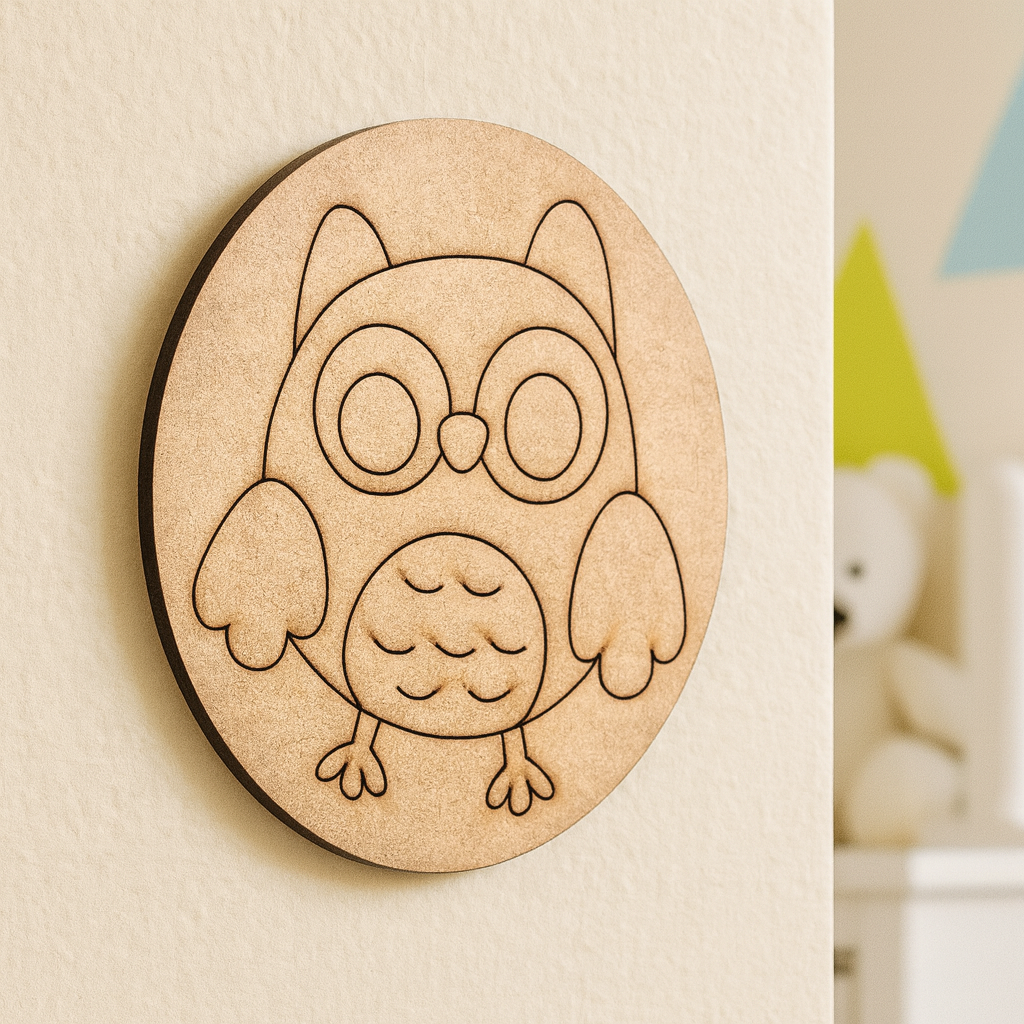 Unpainted pre-marked MDF owl base for children’s art and painting activity.