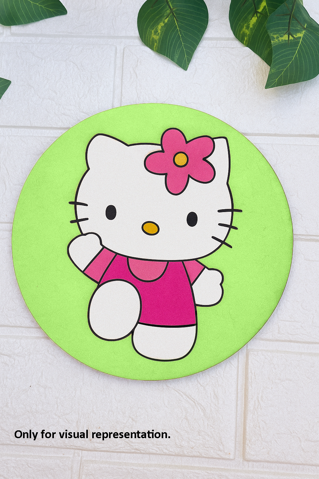 DIY Hello Kitty MDF base with flower design, painted in white and pink for kids’ craft activity.