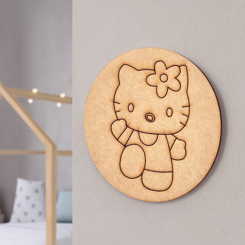 Unpainted pre-marked Hello Kitty MDF board with flower design, ready for DIY painting.