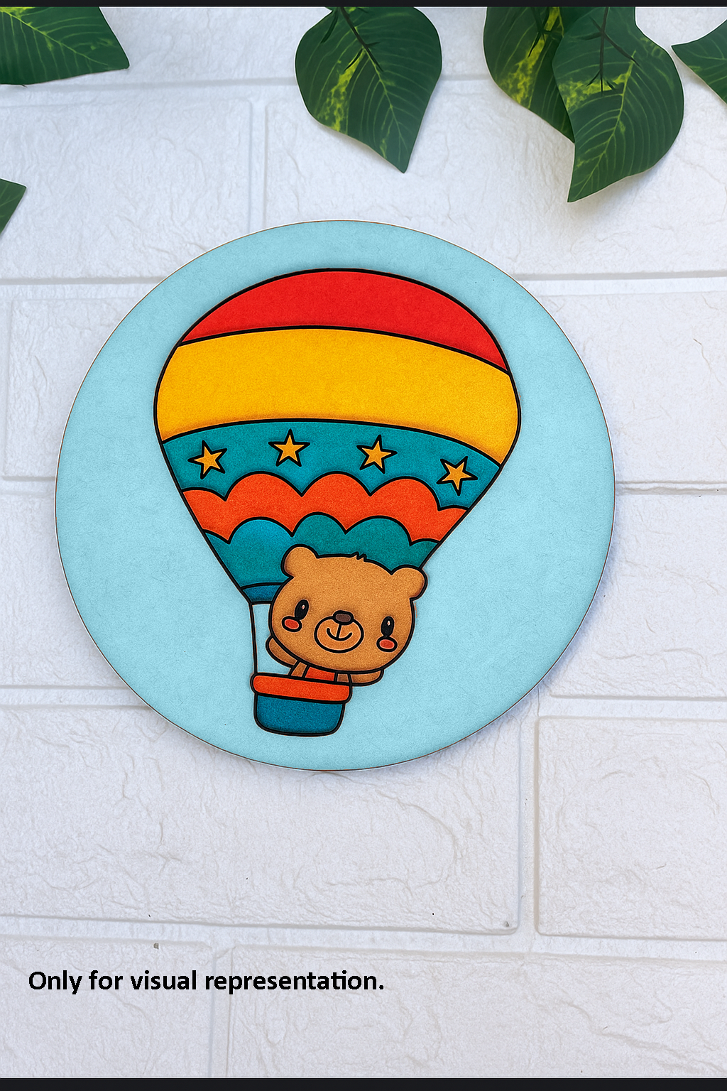 Colored MDF base of a bear inside a colorful hot air balloon on blue background.