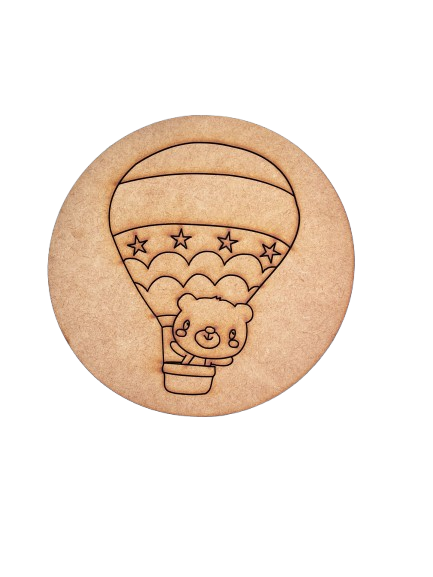 Plain MDF base with pre-marked design of a bear in a hot air balloon for DIY painting.