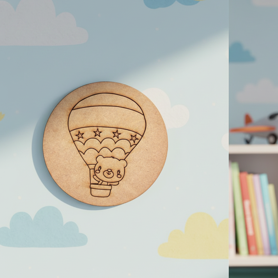 Plain MDF base with pre-marked design of a bear in a hot air balloon for DIY painting.
