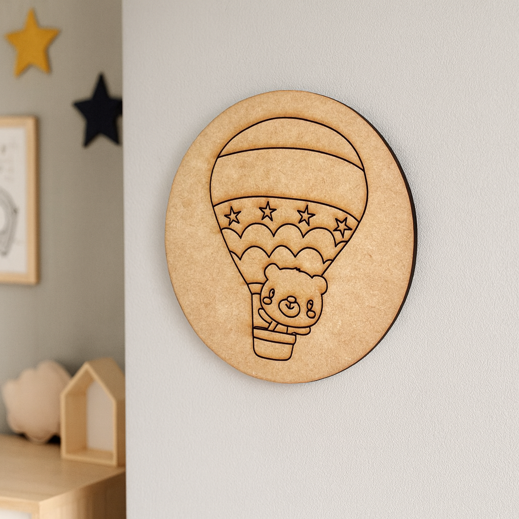 Plain MDF base with pre-marked design of a bear in a hot air balloon for DIY painting.
