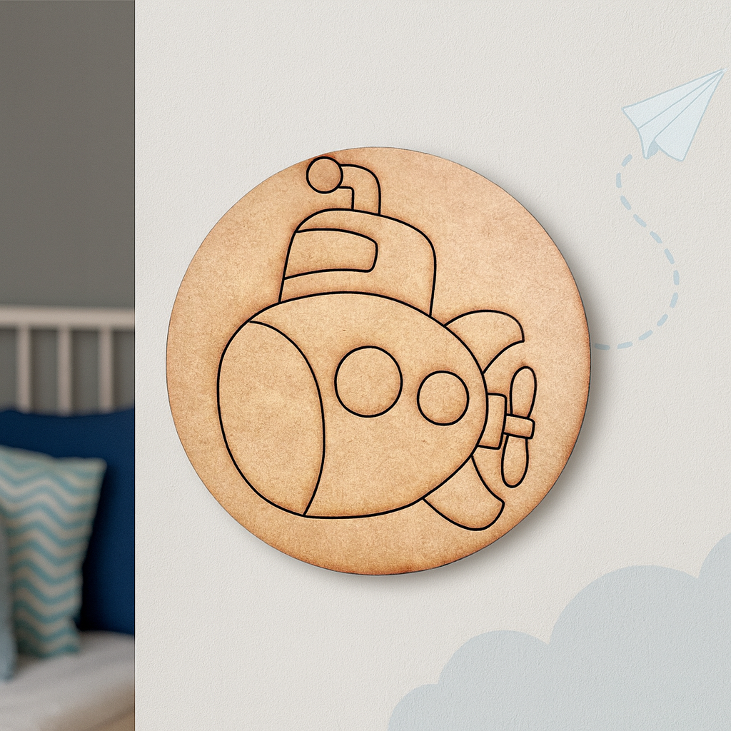 Pre-marked MDF submarine cutout for kids painting activity.