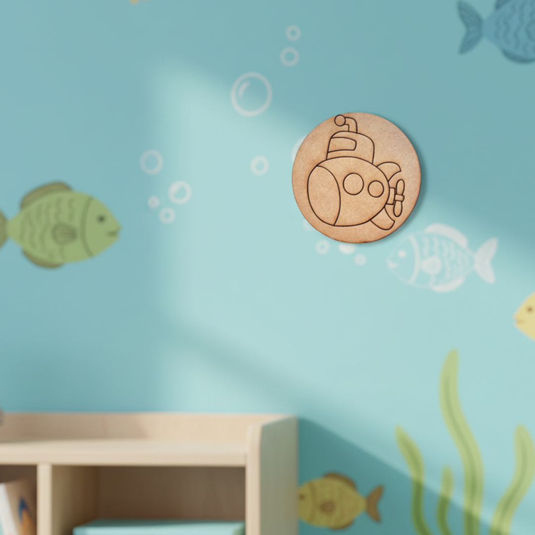 Pre-marked MDF submarine cutout for kids painting activity.
