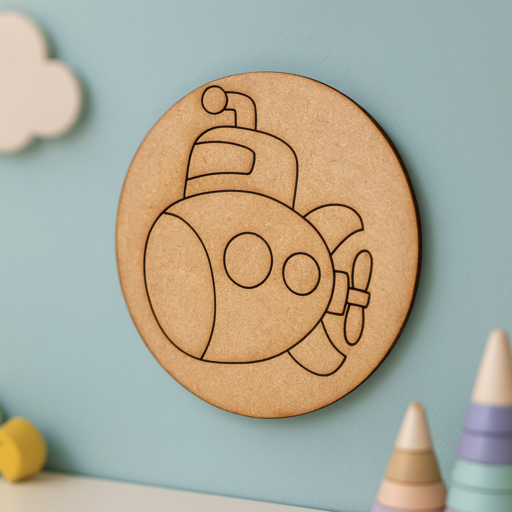 Pre-marked MDF submarine cutout for kids painting activity.