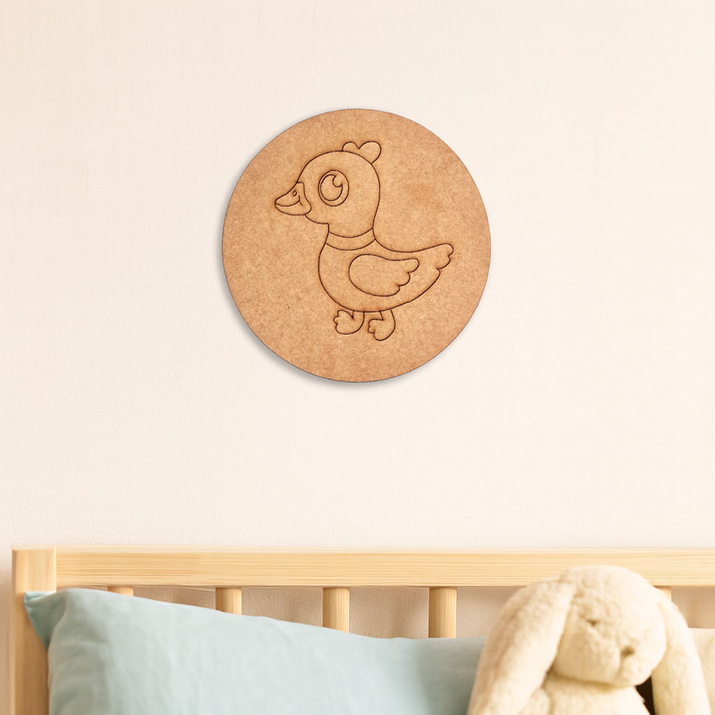 Unpainted duck-shaped MDF base with engraved outlines.