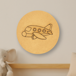Unpainted DIY MDF aeroplane cutout on round base for kids craft