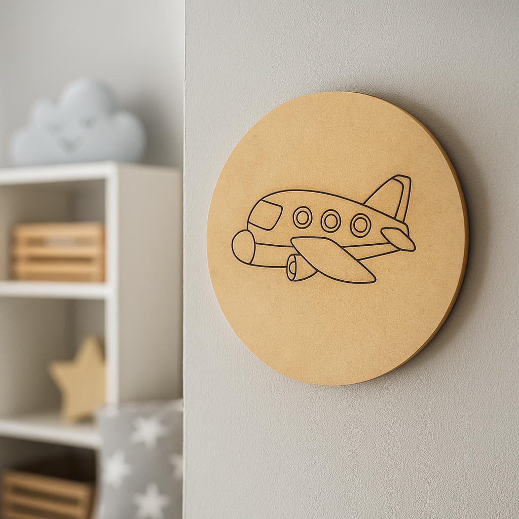 Unpainted DIY MDF aeroplane cutout on round base for kids craft
