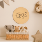 Unpainted DIY MDF aeroplane cutout on round base for kids craft