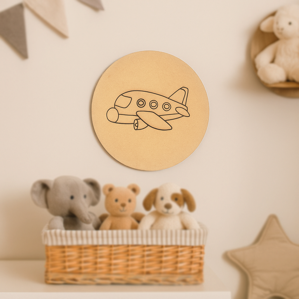Unpainted DIY MDF aeroplane cutout on round base for kids craft