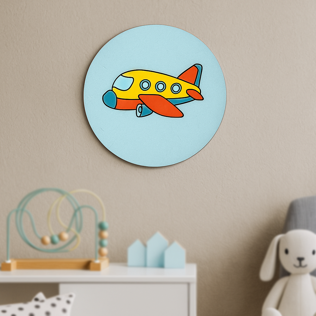Unpainted DIY MDF aeroplane cutout on round base for kids craft