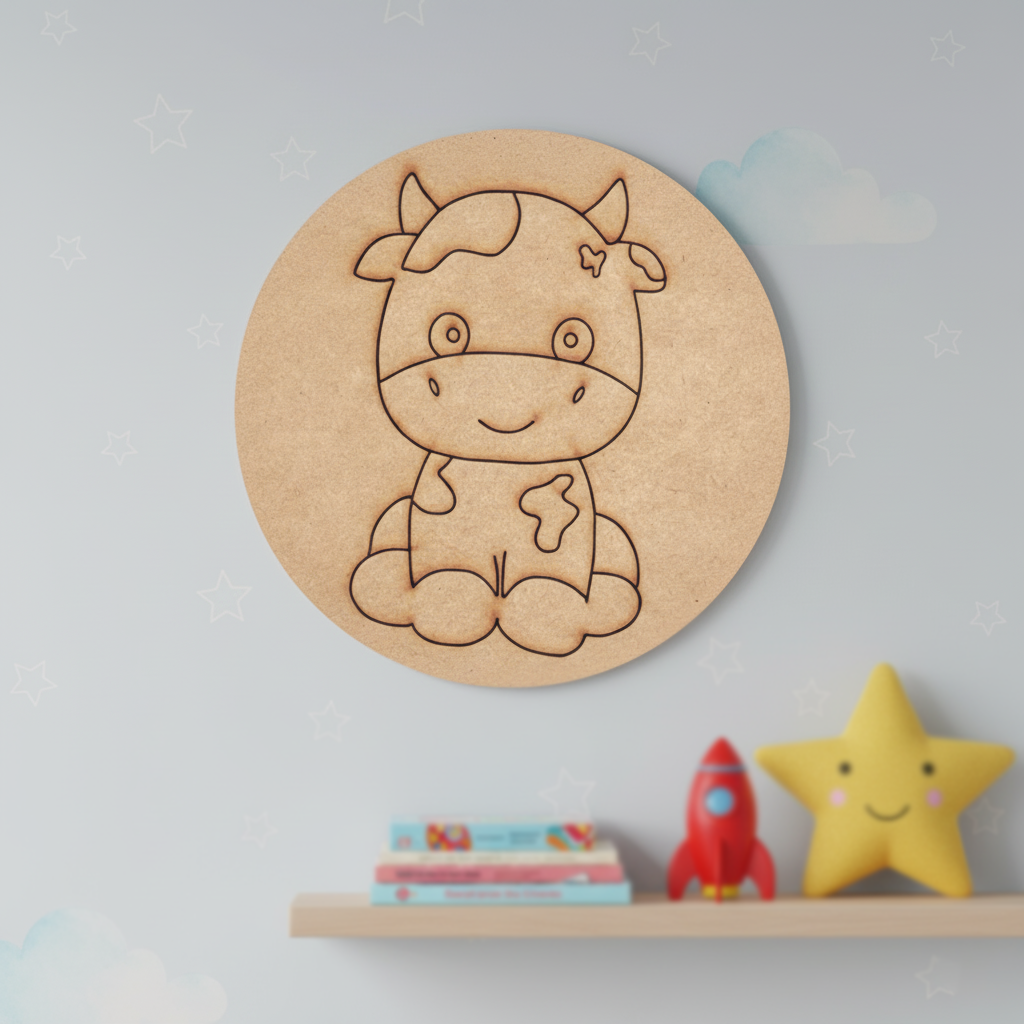 Cute cow pre-marked MDF base for kids DIY craft, hand-painted sample design.