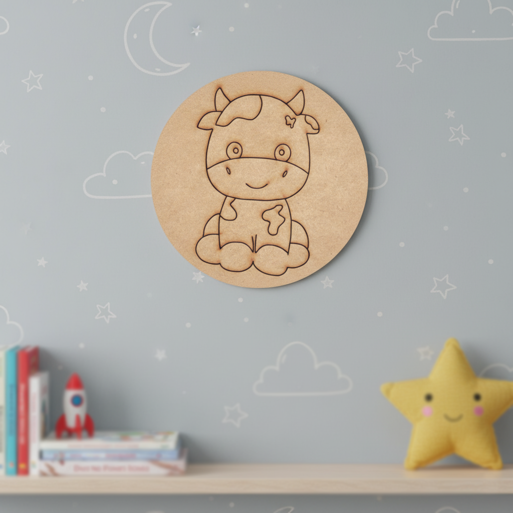 Cute cow pre-marked MDF base for kids DIY craft, hand-painted sample design.
