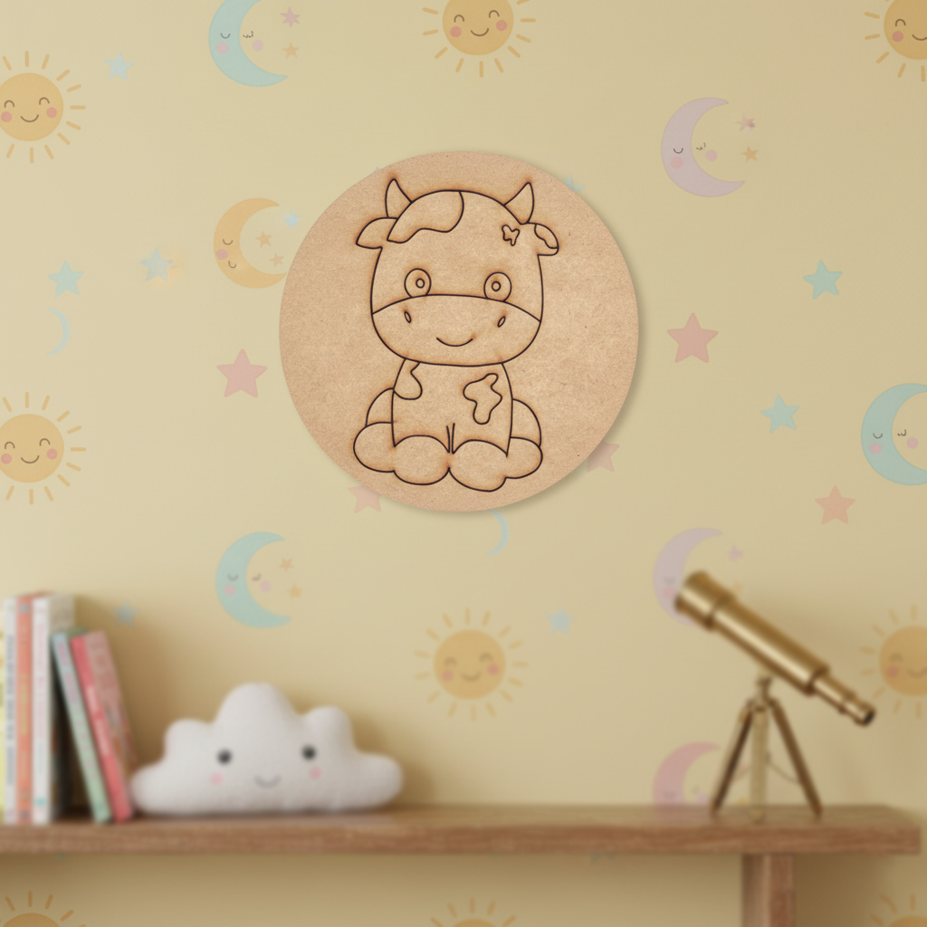 Cute cow pre-marked MDF base for kids DIY craft, hand-painted sample design.