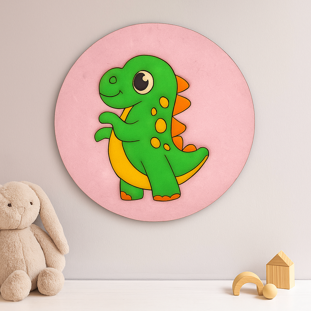Cute green dinosaur DIY painted MDF craft base for kids on round board