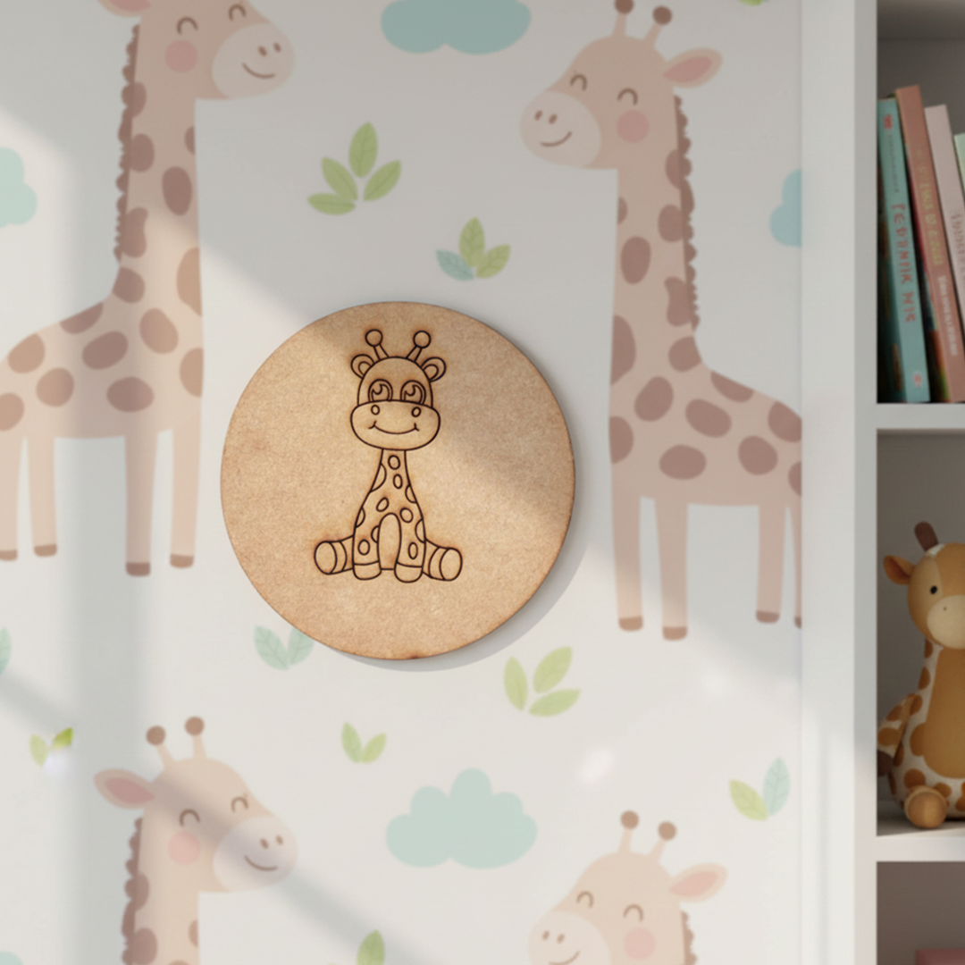 Unpainted round MDF pre-marked giraffe base for DIY kids painting and craft.