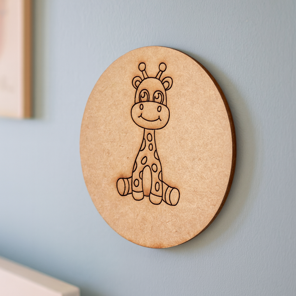 Unpainted round MDF pre-marked giraffe base for DIY kids painting and craft.