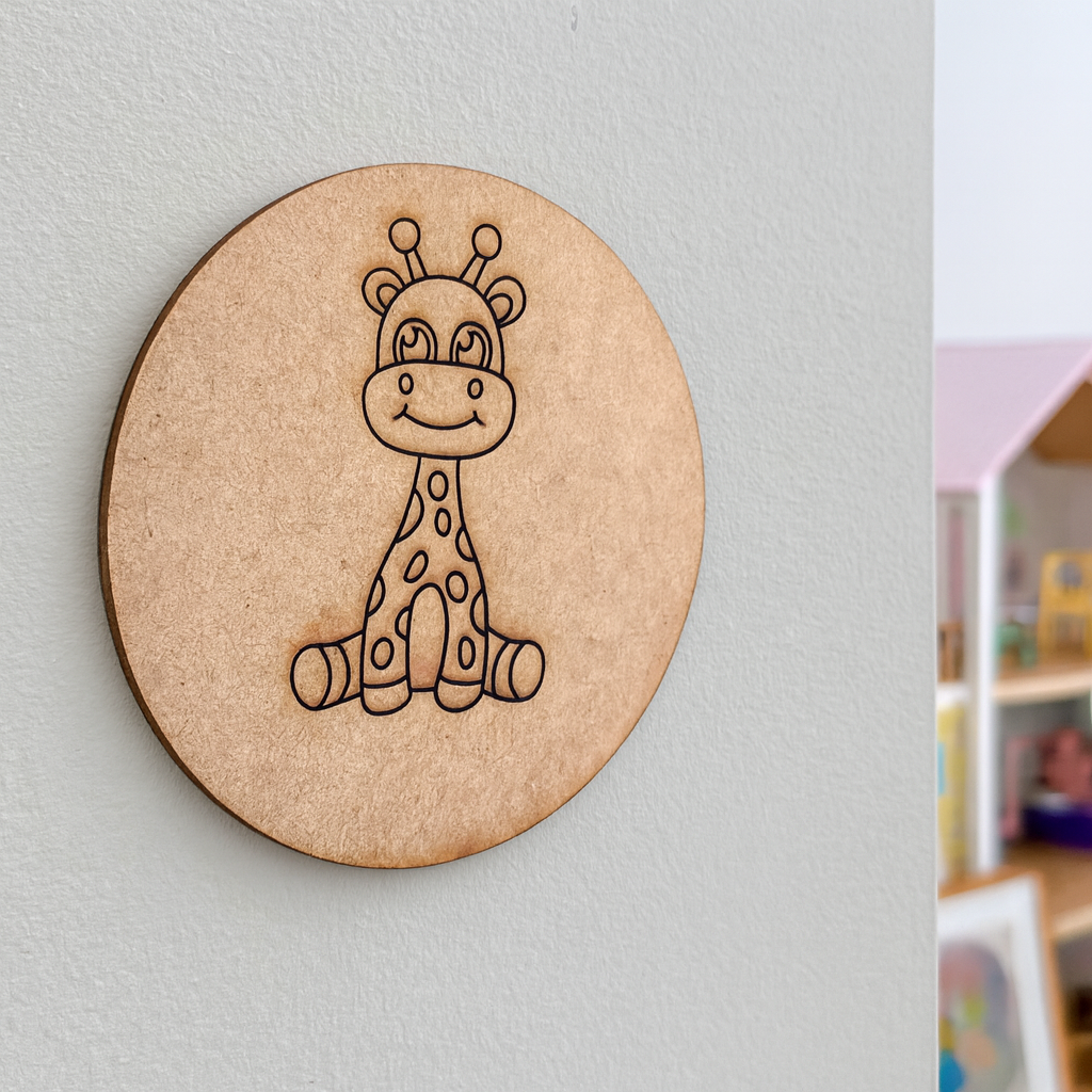 Unpainted round MDF pre-marked giraffe base for DIY kids painting and craft.