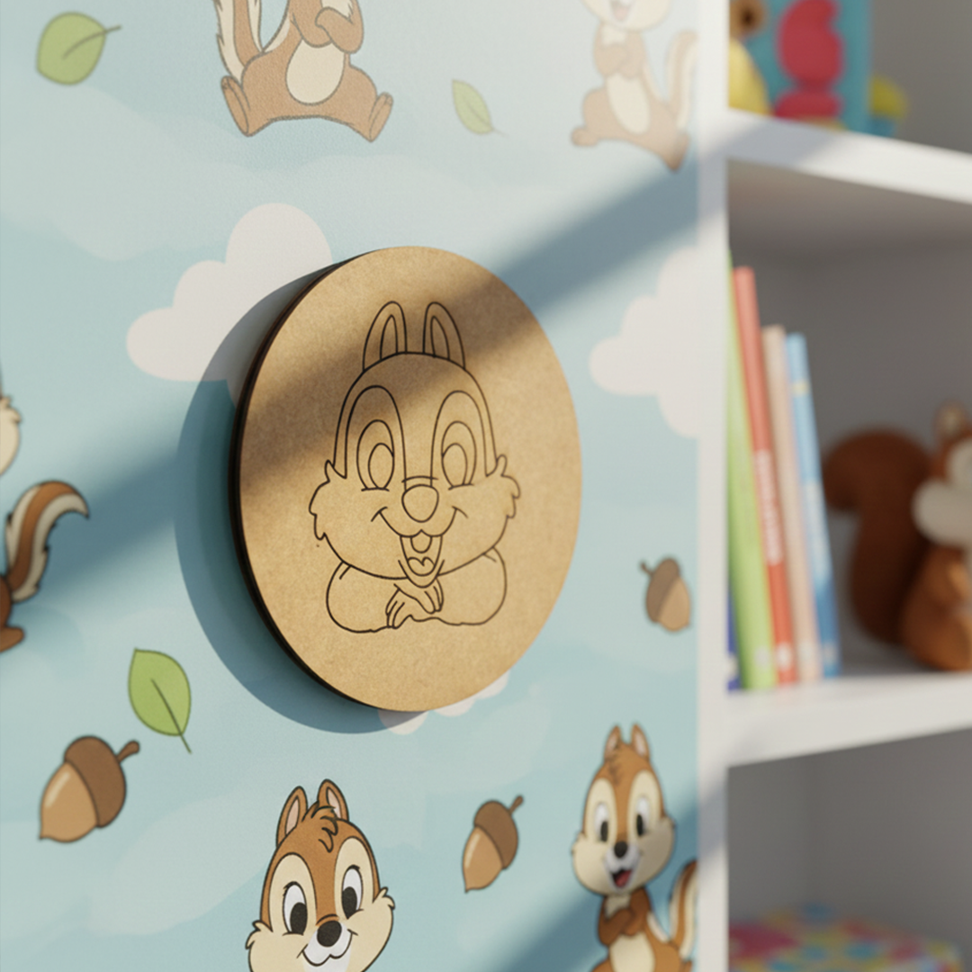 Unpainted round MDF pre-marked chipmunk base for DIY kids painting and craft.
