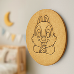 Unpainted round MDF pre-marked chipmunk base for DIY kids painting and craft.