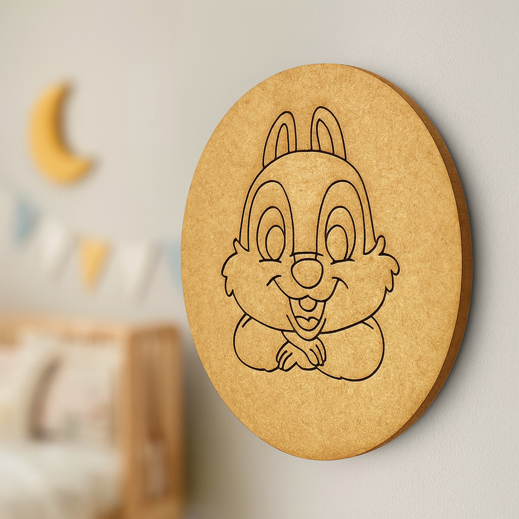 Unpainted round MDF pre-marked chipmunk base for DIY kids painting and craft.
