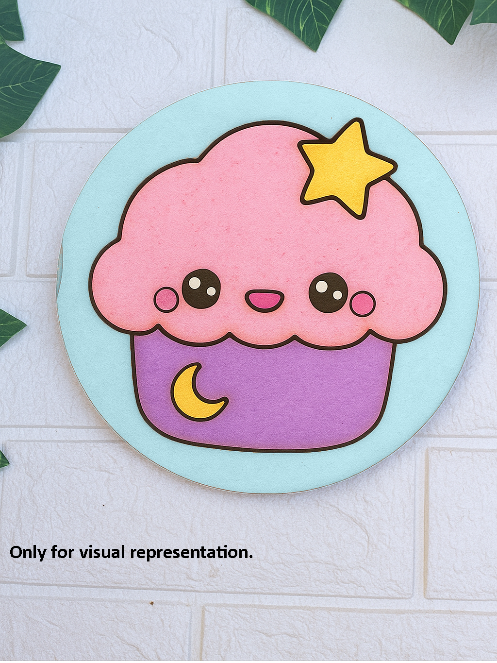 Round MDF pre-marked base with cute cartoon cupcake design painted in bright colors for kids DIY craft