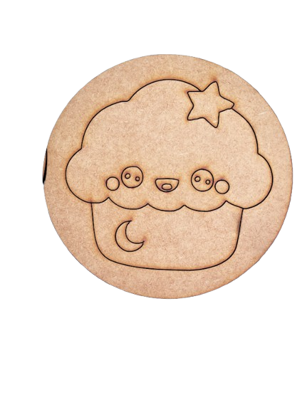 Unpainted round MDF pre-marked cupcake base with star and moon design for DIY kids painting and craft