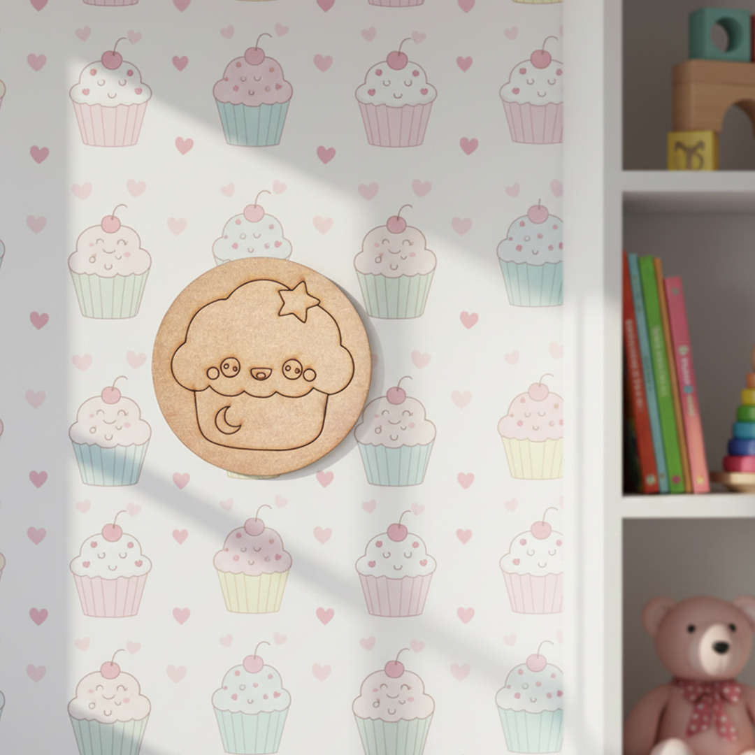 Unpainted round MDF pre-marked cupcake base with star and moon design for DIY kids painting and craft.