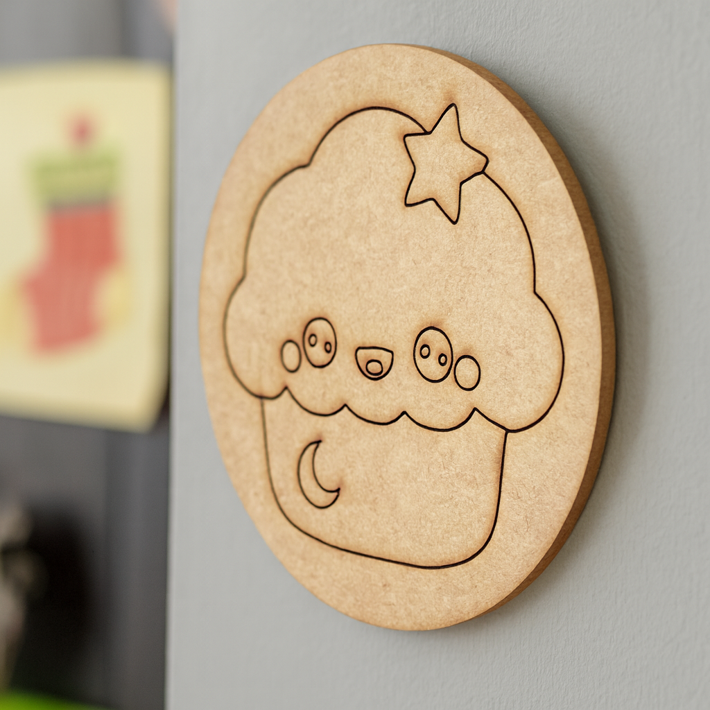 Unpainted round MDF pre-marked cupcake base with star and moon design for DIY kids painting and craft.