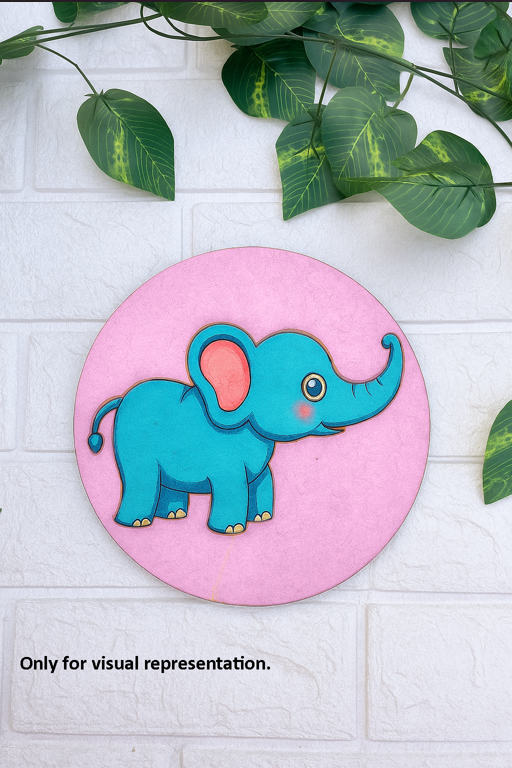 Round MDF pre-marked base with cute cartoon elephant painted in bright colors for kids DIY craft.