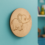 Unpainted round MDF pre-marked elephant base for DIY kids painting and craft.