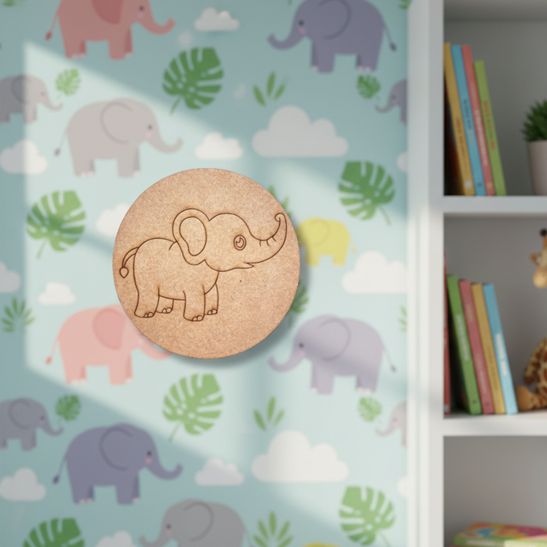 Unpainted round MDF pre-marked elephant base for DIY kids painting and craft.