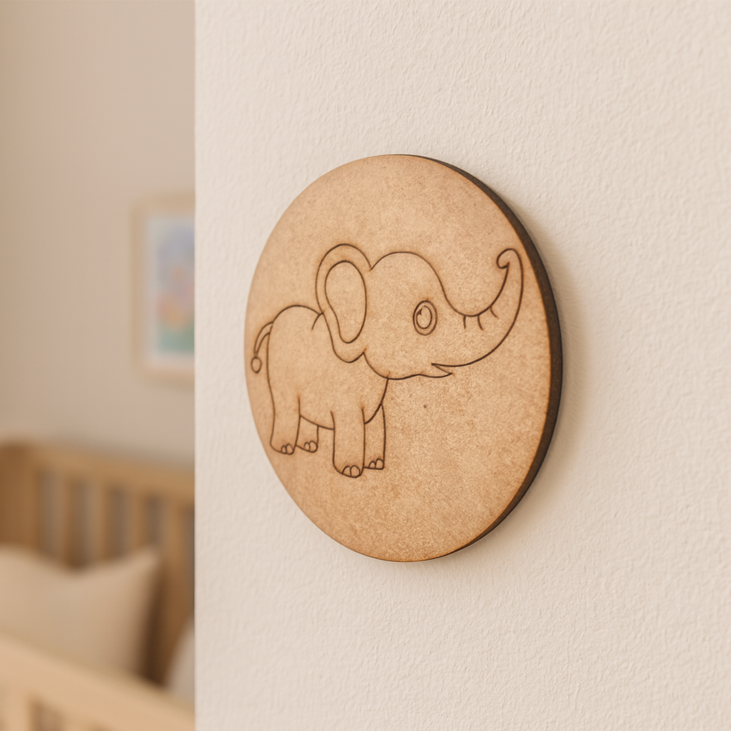 Unpainted round MDF pre-marked elephant base for DIY kids painting and craft.