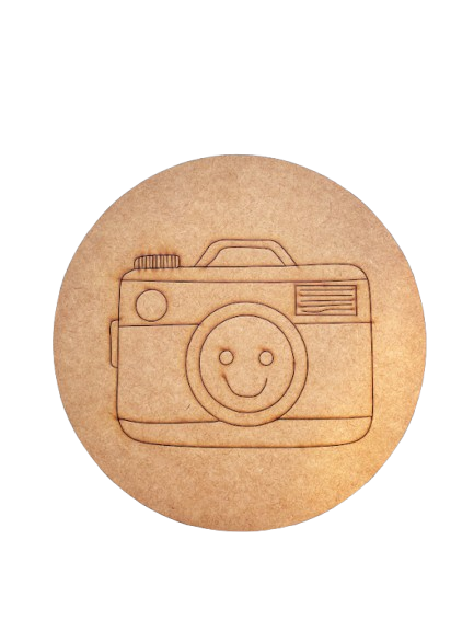 Unpainted round MDF pre-marked camera base with smiley lens design for DIY kids painting and craft
