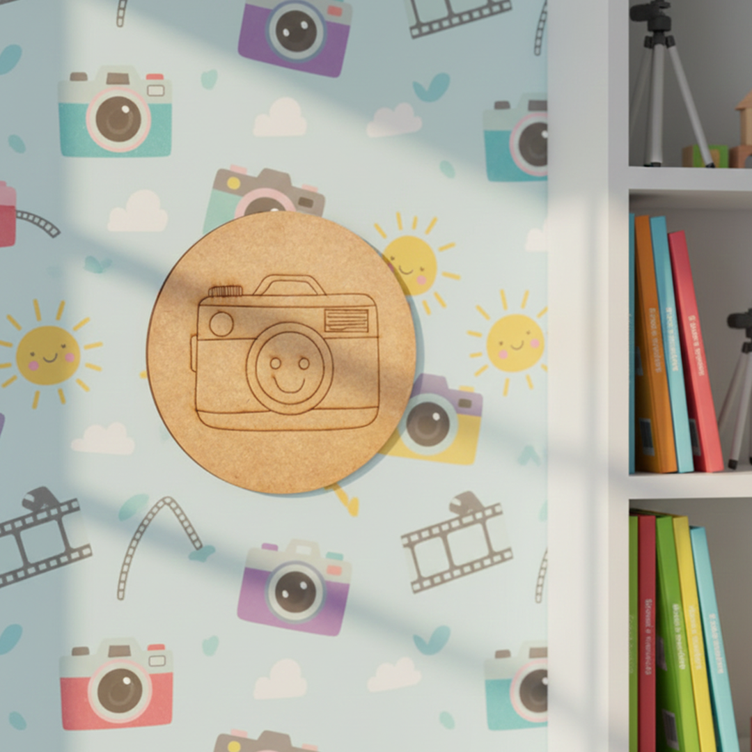 Unpainted round MDF pre-marked camera base with smiley lens design for DIY kids painting and craft.