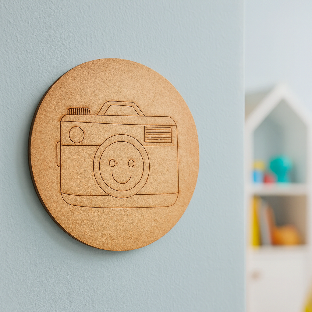 Unpainted round MDF pre-marked camera base with smiley lens design for DIY kids painting and craft.