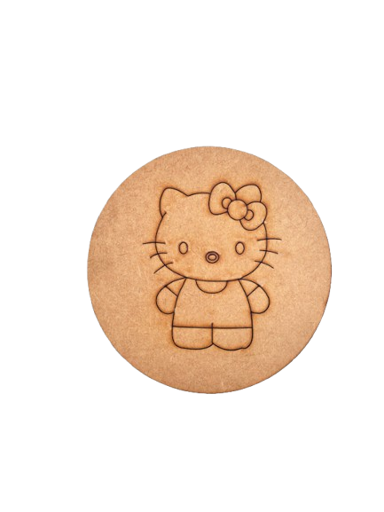 Unpainted round MDF pre-marked kitty base with bow design for DIY kids painting and craft.