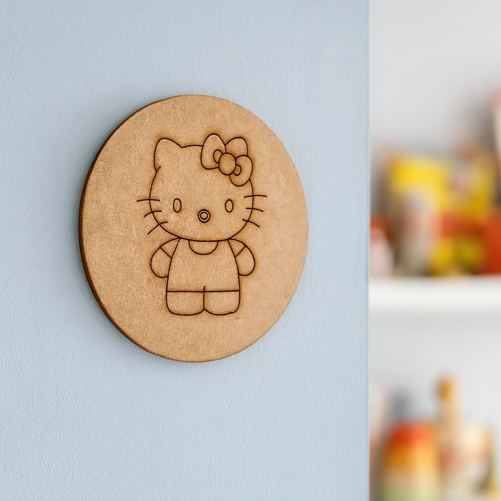 Unpainted round MDF pre-marked kitty base with bow design for DIY kids painting and craft.