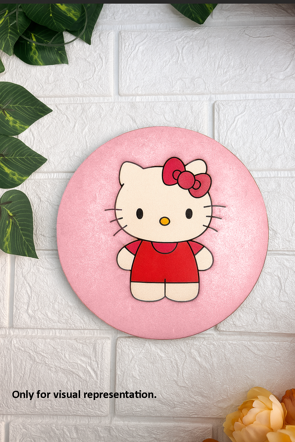 Round MDF pre-marked base with cute cartoon kitty wearing a bow, painted in bright colors for kids DIY craft