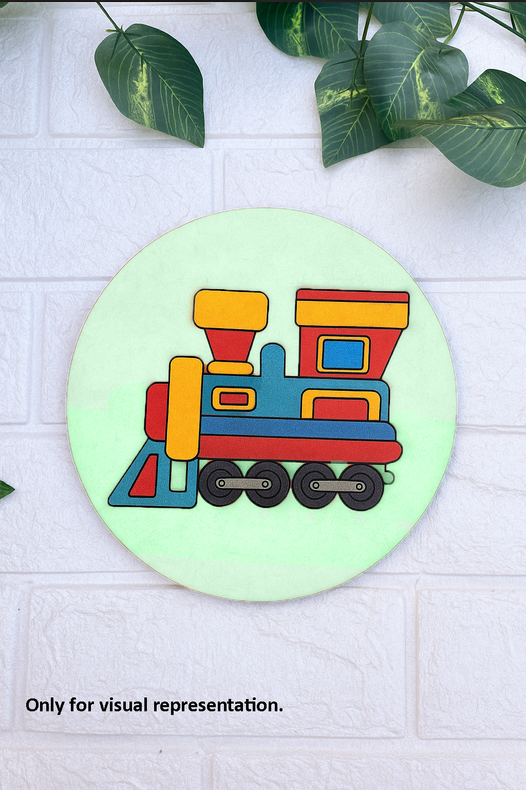 Round MDF pre-marked base with colorful cartoon train design painted for kids DIY craft