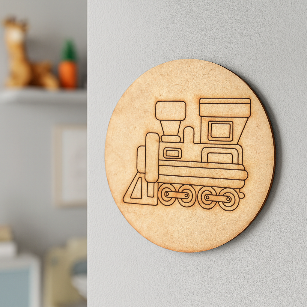 Unpainted round MDF pre-marked train base for DIY kids painting and craft.