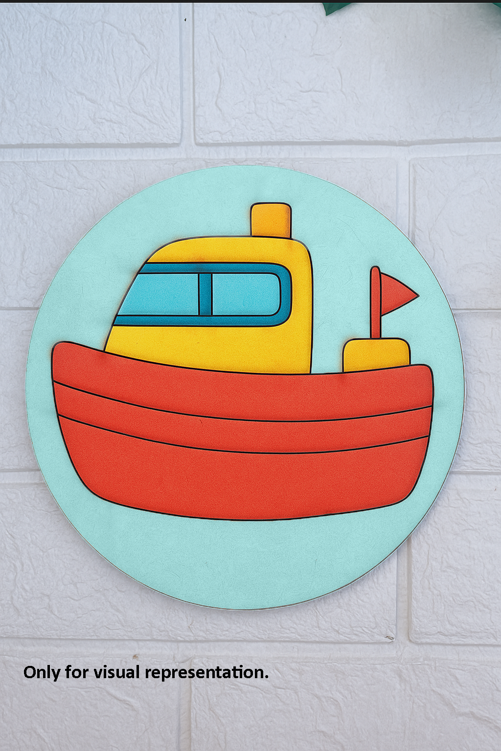 Round MDF pre-marked base with colorful cartoon boat design painted for kids DIY craft
