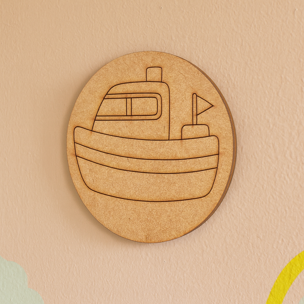 Unpainted round MDF pre-marked boat base for DIY kids painting and craft.