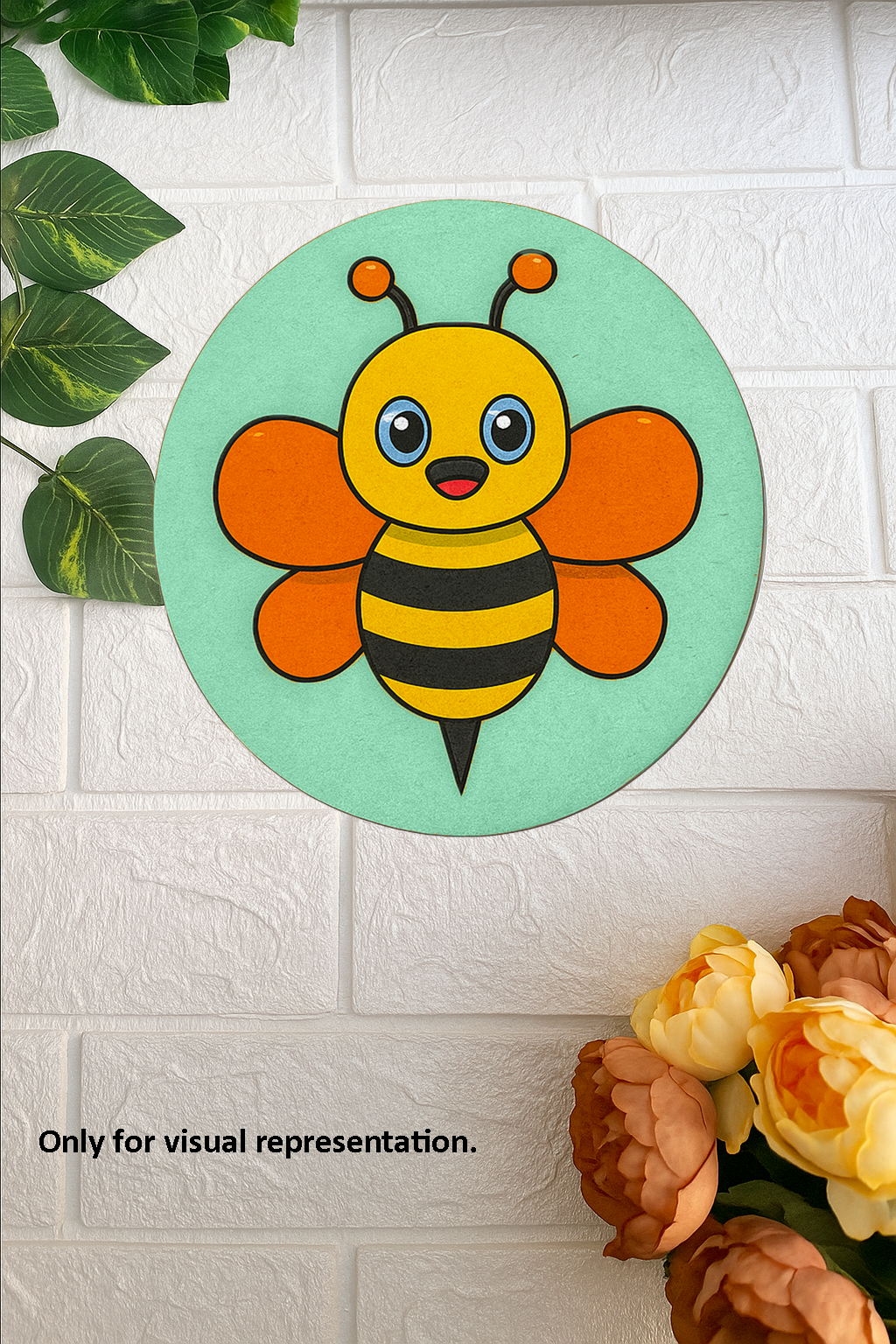 Round MDF pre-marked base with cute cartoon bee painted in bright colors for kids DIY craft