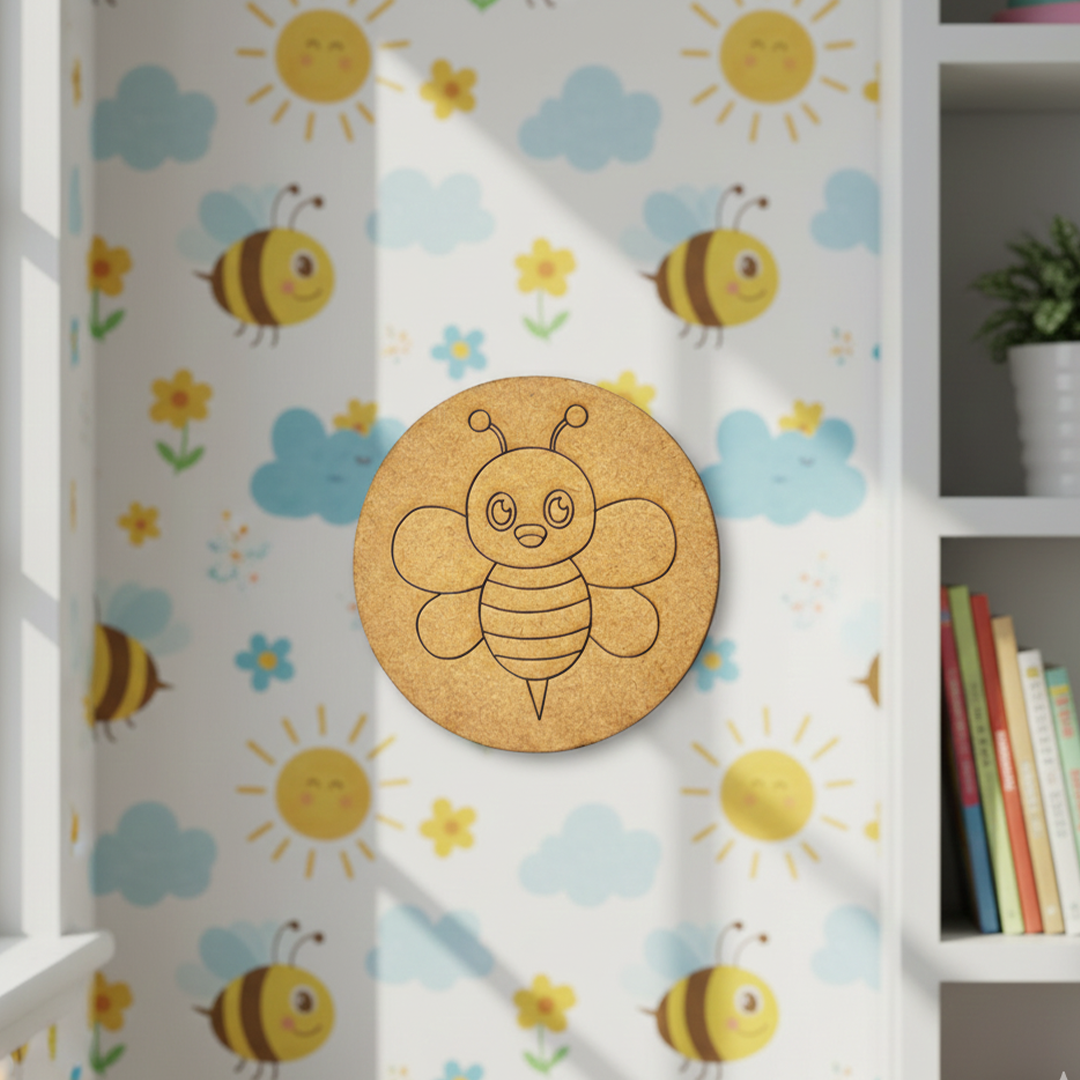 Unpainted round MDF pre-marked bee base for DIY kids painting and craft.
