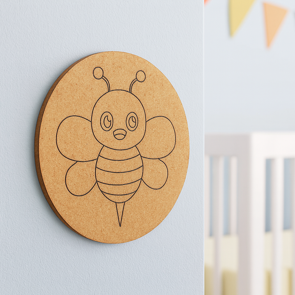 Unpainted round MDF pre-marked bee base for DIY kids painting and craft.