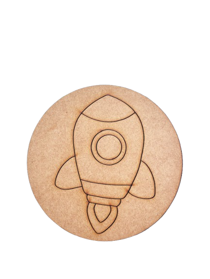 Unpainted round MDF pre-marked rocket base for DIY kids painting and craft